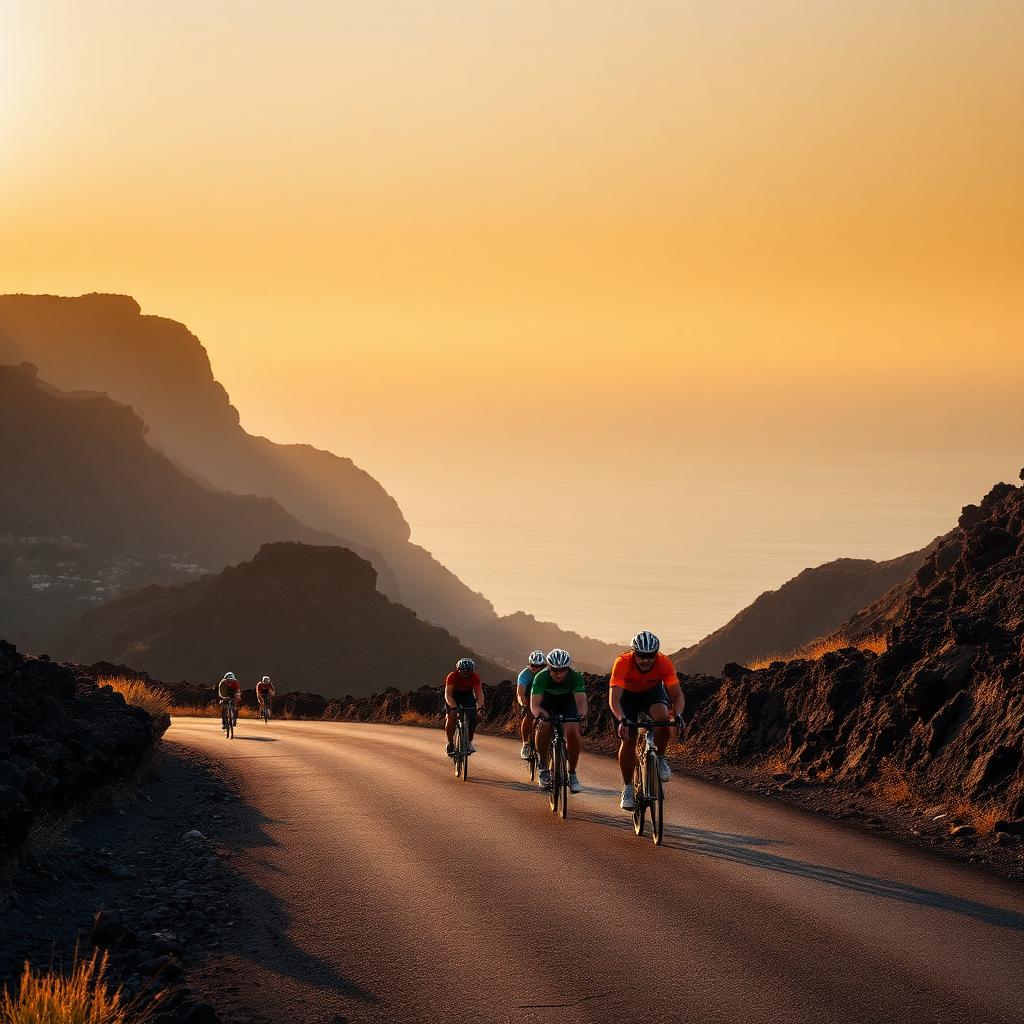 Ciclistas subiendo una carretera de montaña en Gran Canaria al atardecer
