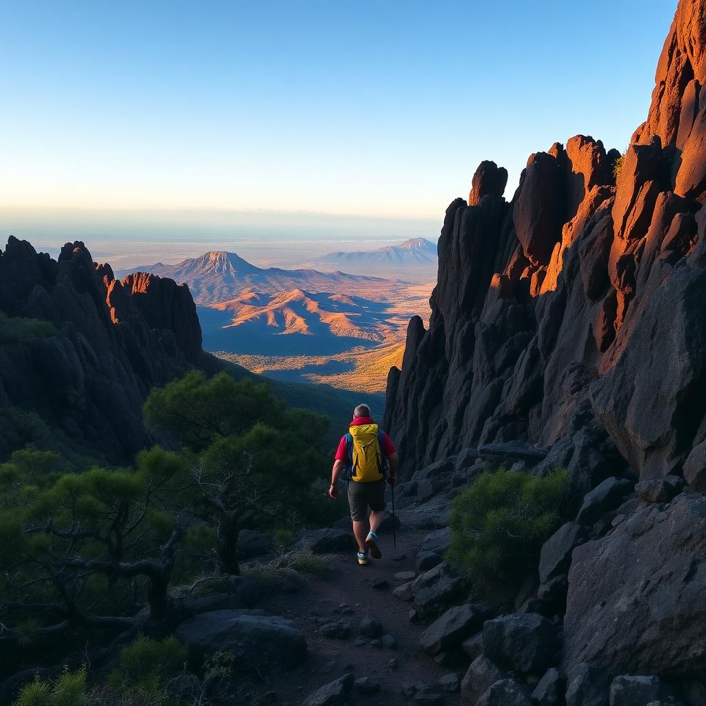 Senderista descendiendo por una ruta de montaña en Gran Canaria con vista panorámica